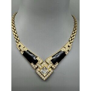 Vintage Trifari Necklace Black Enamel Rhinestone Gold Tone 16" Signed